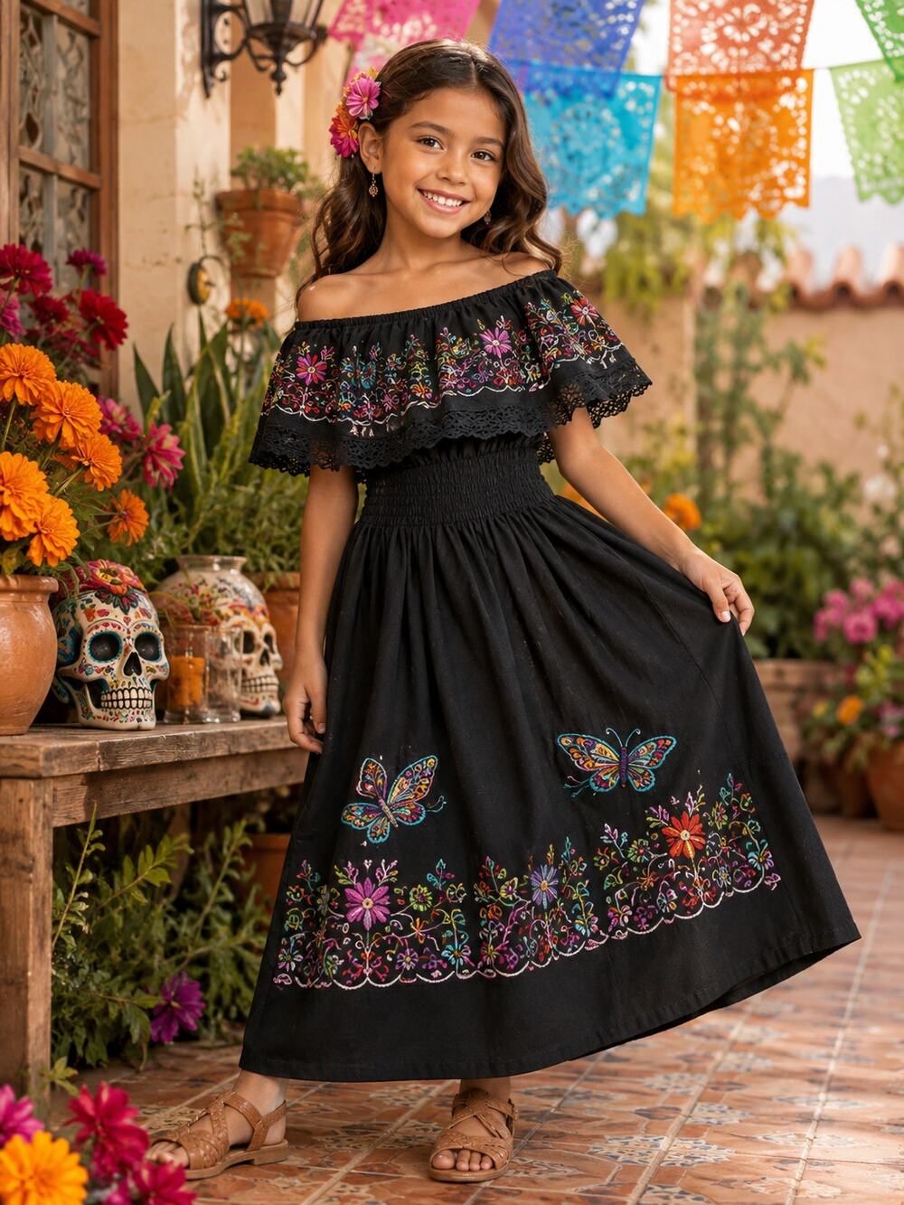 Artisan Mexican Embroidered Campesina Peasant Dress Girls 7-8 Black Boho